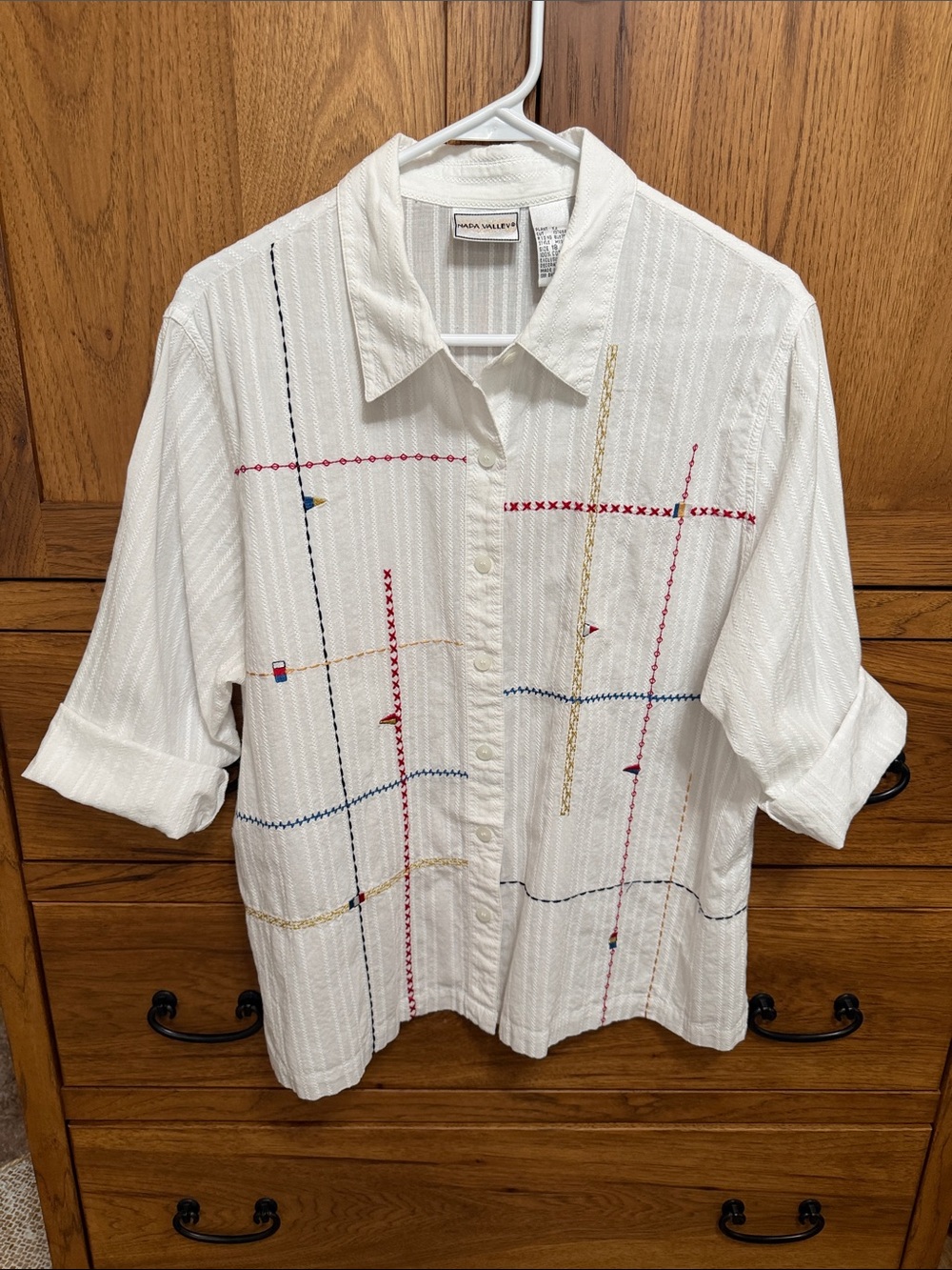 Napa Valley White Button-Down Shirt with Multicolor Embroidery